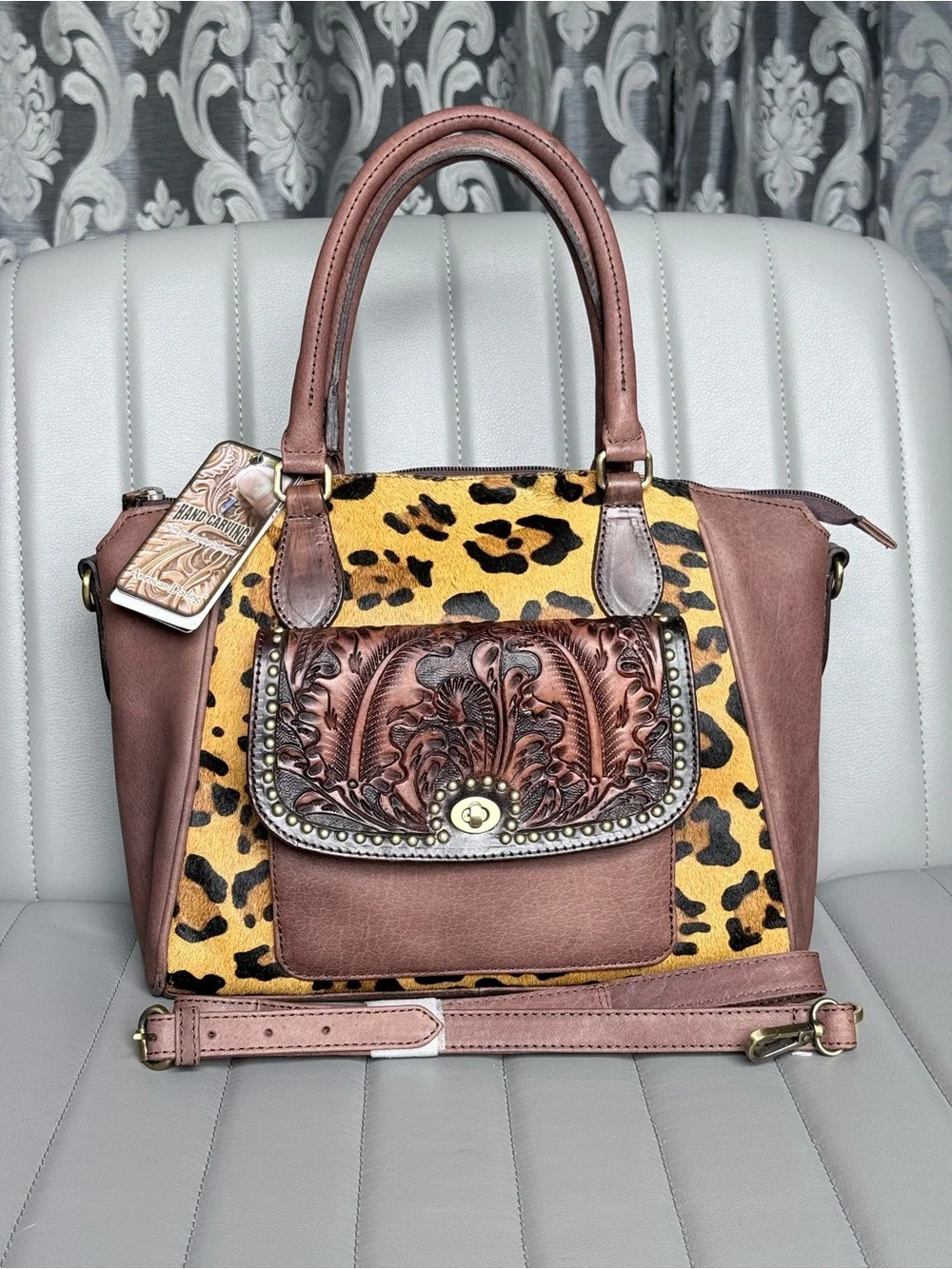 American Darling Leopard Tooled Leather Hair on Hide Cowhide Conceal Carry Bag